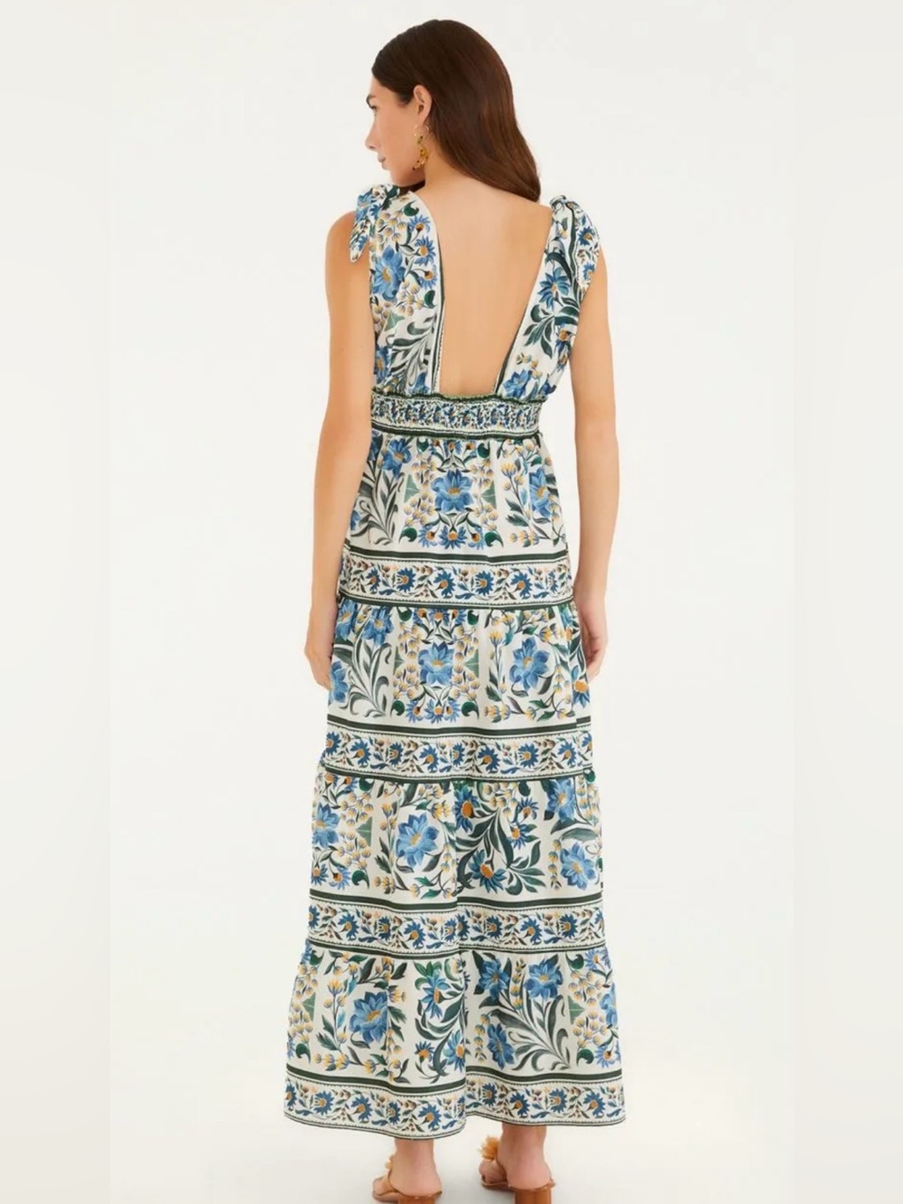 FARM Rio Blue and White Floral V-Neck Tiered Maxi Dress - Picture 3 of 3
